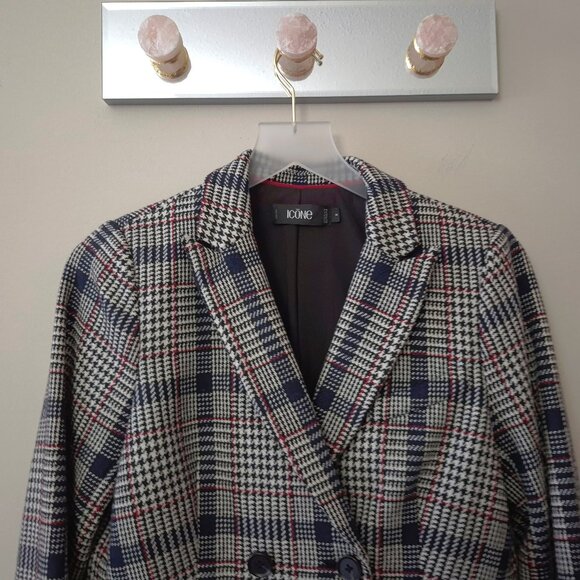 NWOT Simons Icone double breast blue, white, red black plaid houndstooth blazer - Picture 5 of 6